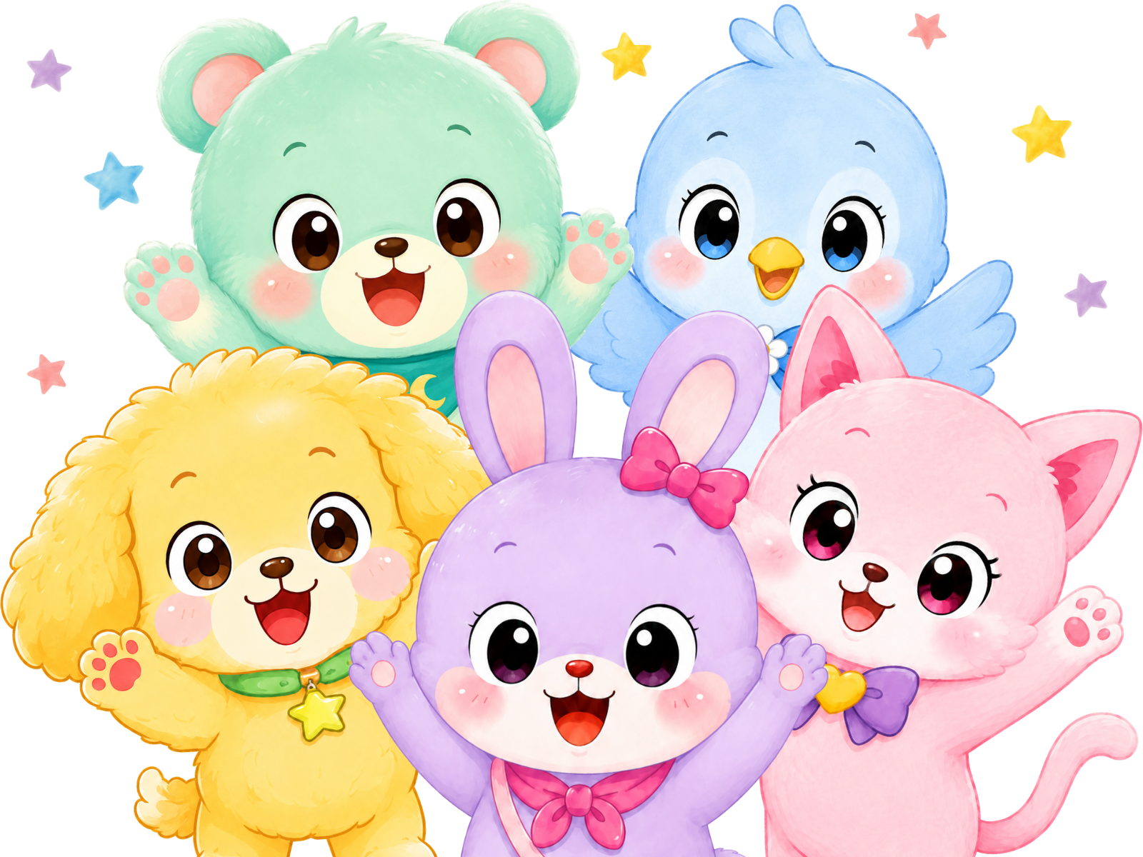 くま、ことり、いぬ、うさぎ、ねこの5人のキャラクター